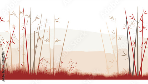 Autumn landscape with bamboo forest and meadow. Vector illustration.