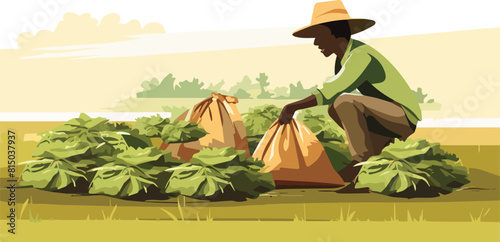 Illustration of a farmer collecting tobacco leaves in the field, vector illustration