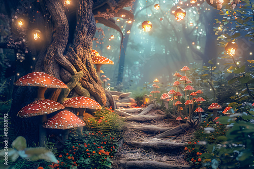 Beautiful enchanted forest with a path and mushrooms
