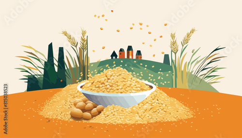 Illustration of a bowl full of wheat grains on a wheat field