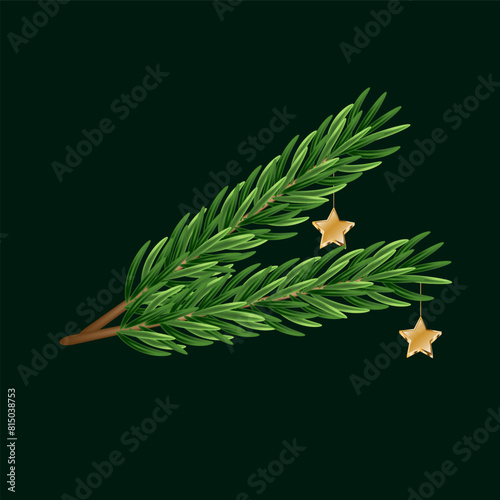  Christmas tree sprig with golden stars. Element of decor for Christmas cards design. Isolated on white background