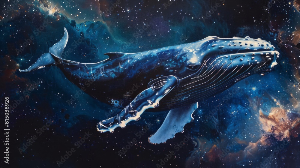 Fototapeta premium Humpback Whale Painting Space Swimming. Majestic contrasts against dark backdrop stars galaxies.