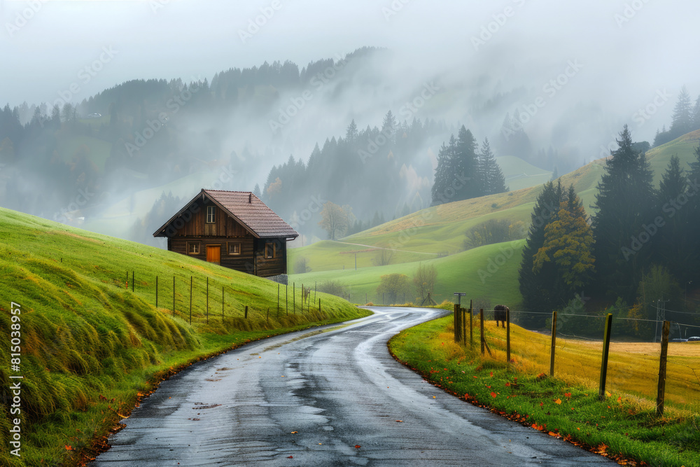 wooden house in the middle, surrounded by green grass and a curved road leading to it, wooden house in the middle, surrounded by green grass and a curved road leading to it,