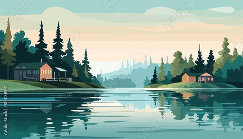 Landscape with lake and forest in flat style. Vector illustration.