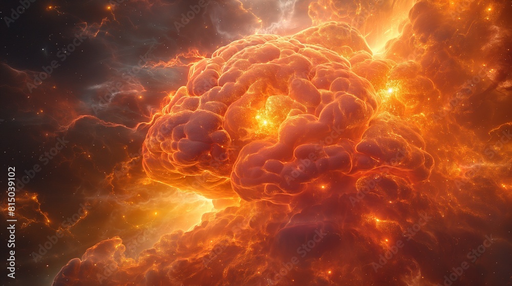 Obraz premium The explosive fusion of knowledge and imagination captured in the intricate details of a brain's eruption of creativity, like a supernova igniting the cosmos