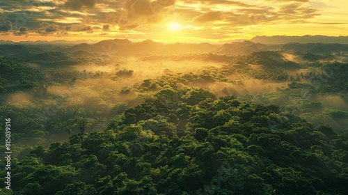 AI Generated. AI Generative. Beautiful green amazon forest landscape at sunset sunrise. Adventure explore air dron view vibe. Graphic Art hyper realistic 
