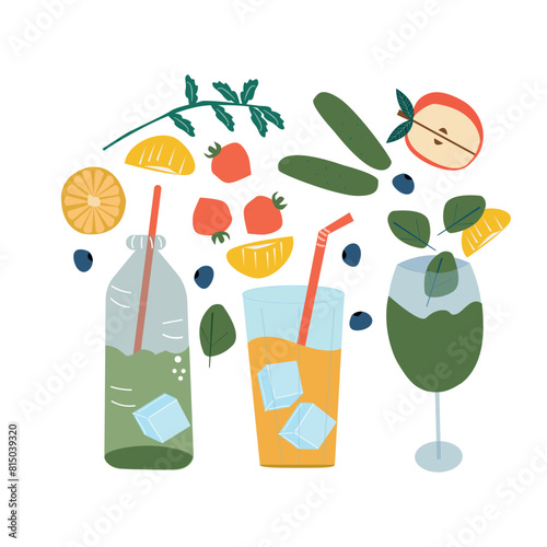 Set of smoothies in different cups. Superfoods and health or detox diet food concept 