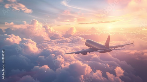 Airplane flying over clouds, embodying global travel, tourism, and leisure, clear summer sky background, concept of holiday planning, vibrant colors, wide angle, AI Generative hyper realistic  photo