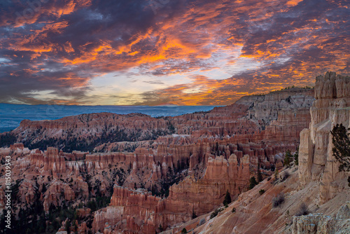 Bryce Canyon National Park, at sunrise on dramatic cloudy morning photo
