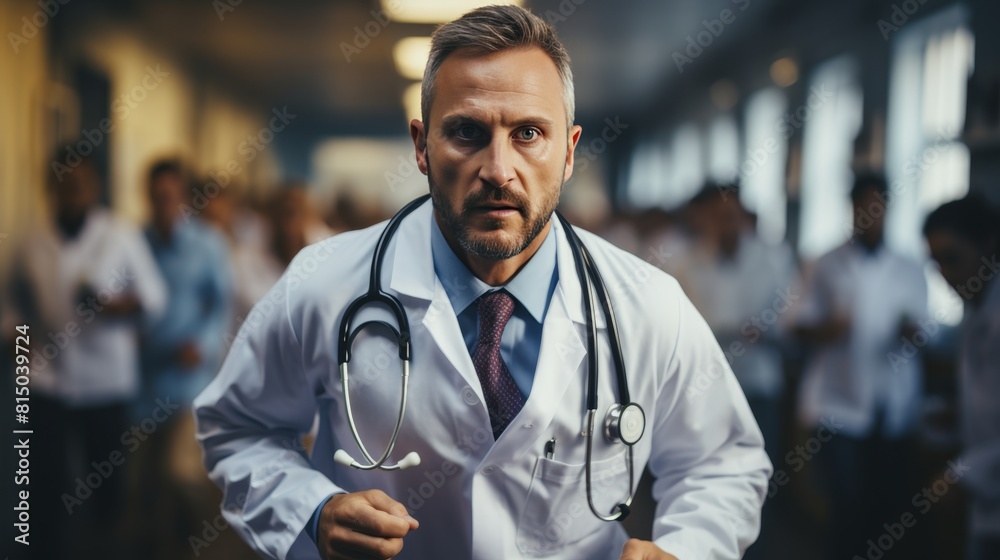 Dynamic scene in hospital corridor blurred motion of doctors in uniform rushing Dynamic scene in hospital corridor blurred motion of doctors in uniform rushing