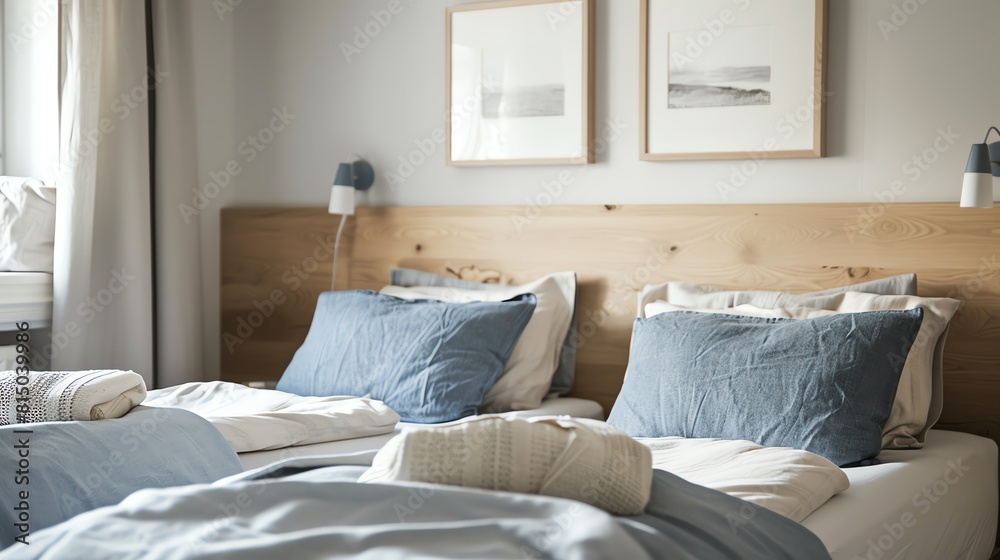 A Scandinavian guest room with twin beds, light wooden headboards, and soft blue and gray bedding