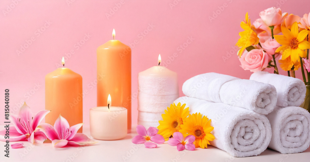 Folded towels and candles. Relax room. Massage therapist's office Folded towels and candles. Relax room. Massage therapist's office