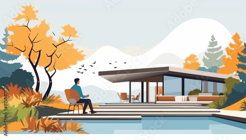 Autumn landscape with trees, lake, house and people. Vector illustration