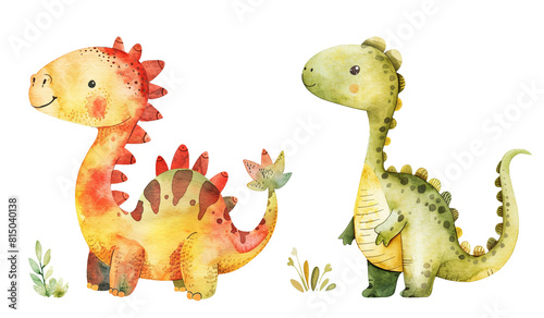 Adorable children s illustration of  two cute dinosaurs. Charming watercolor style. Friendly expression and playful pose. Perfect for children s books   posters  kid t-shirt design