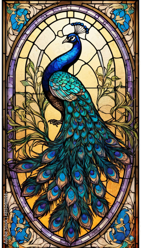 illustration in the style of a stained glass window with a beautiful green peacock bird, glass composition