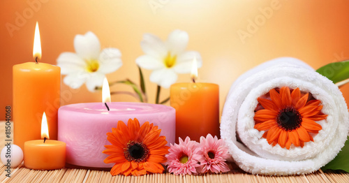 Folded towels and candles. Relax room. Massage therapist s office