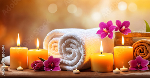 Folded towels and candles. Relax room. Massage therapist's office