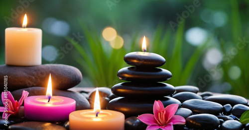 Burning candles in a spa near water with smooth stones for massage with lotus and orchid flowers.