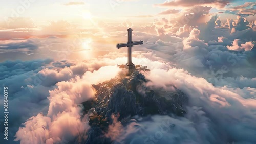The Holy Cross on the top of an island, with beautiful light and clouds behind photo