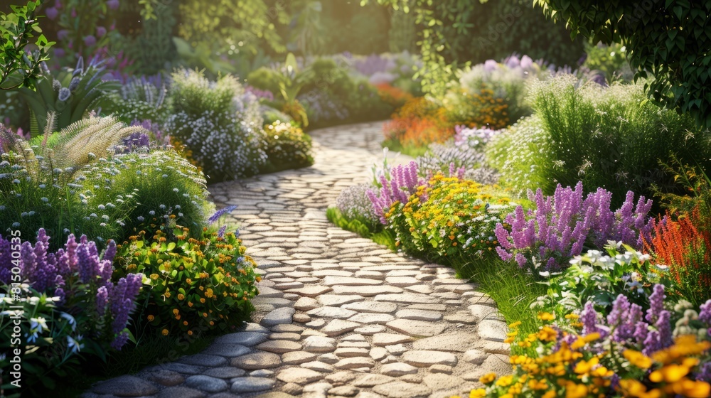 Beautiful blooming flowerbeds along winding stone pathway in sunny summer garden. hyper realistic 