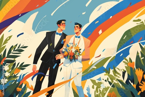 Celebratory Gay Wedding Card with Rainbow Flag and Two Grooms photo