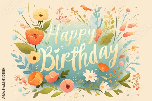 Elegant Scripted Happy Birthday Card with Pastel Floral Background