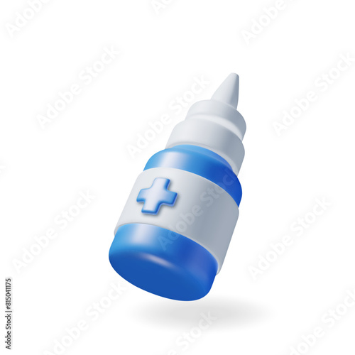 3D medicine spray bottle isolated on white. Render oral spray in glass package. Aerosol for mouth and throat. Medical drug, vitamin, antibiotic. Healthcare pharmacy. Vector illustration