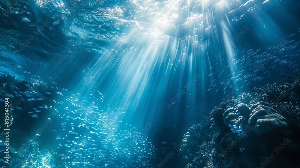 Sun rays piercing through a school of fish in the deep blue ocean. Sun rays piercing through a school of fish in the deep blue ocean.
