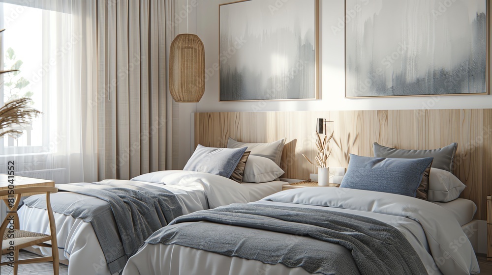 Fototapeta premium A Scandinavian guest room with twin beds, light wooden headboards, and soft blue and gray bedding