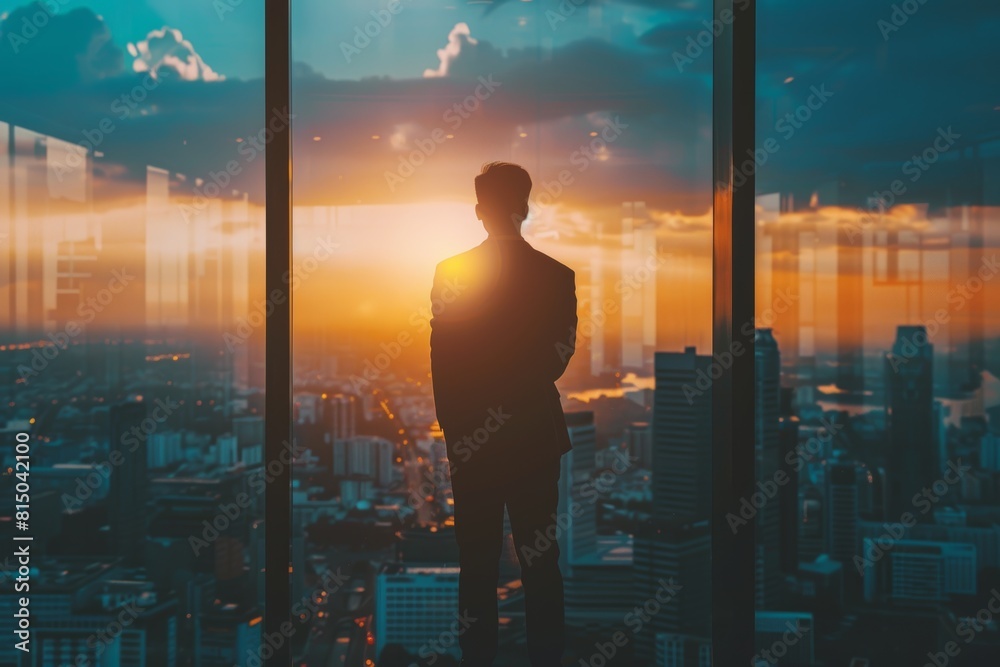 Fototapeta premium Visionary Leader Overlooking the City at Dusk - A Symbol of Ambition and Strategic Thinking
