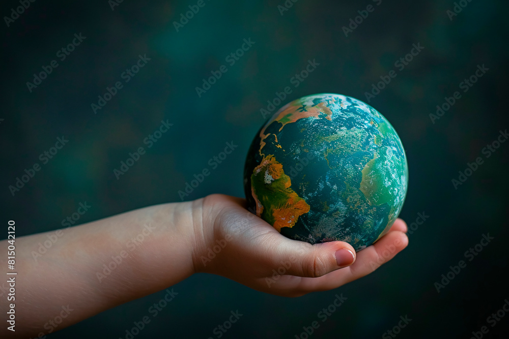 Child's small hand carefully grasps a miniature planet on a plain background with plenty of copy space. Child's small hand carefully grasps a miniature planet on a plain background with plenty of copy space.