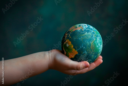 Child's small hand carefully grasps a miniature planet on a plain background with plenty of copy space.