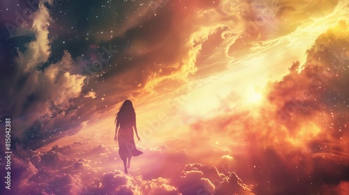 A woman is standing in the sky, surrounded by clouds