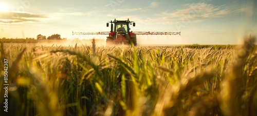 Wide angle image of a sprayer spraying chemicals on a wheat crop on a farm. 