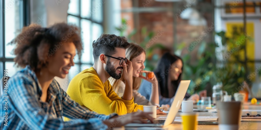 Diverse team of professionals blurred faces working intently in a modern and vibrant office space Diverse team of professionals blurred faces working intently in a modern and vibrant office space