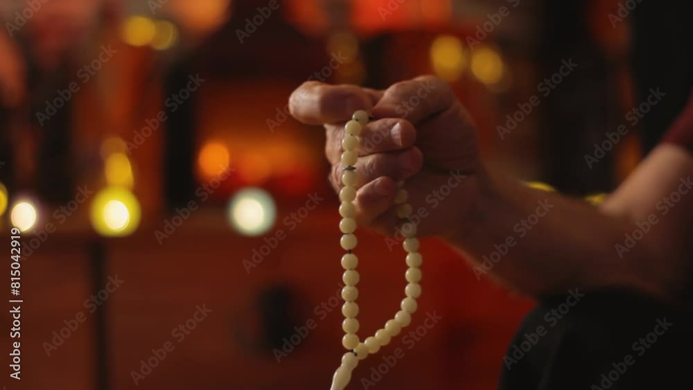 Hand holding a rosary beads or Tasbih, meditation prayer beads