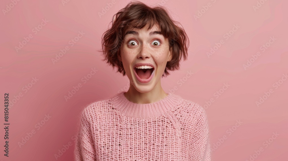 Excited Woman in Pink Sweater