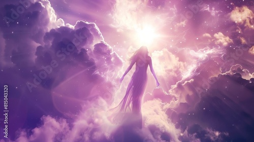 A woman is floating in the sky above a cloud of purple