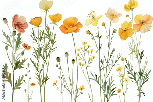 Featuring a wildflowers in watercolor set of five flowers  high quality  high resolution