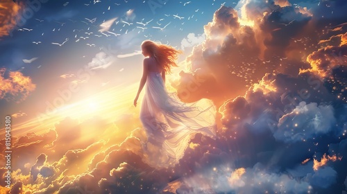 A woman is flying through the sky with clouds surrounding her