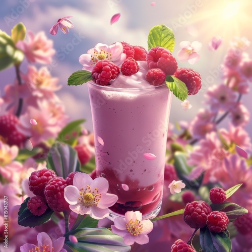 Refreshing Spring Berry Smoothie Advert with Blooming Flowers and Yogurt