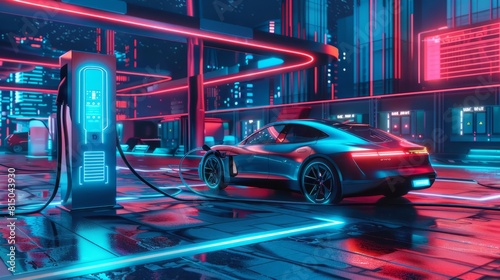 Electric car charging at a gas station in the city, industrial landscape, neon elements, healthy environment without harmful emissions. Eco concept. generative AI hyper realistic 