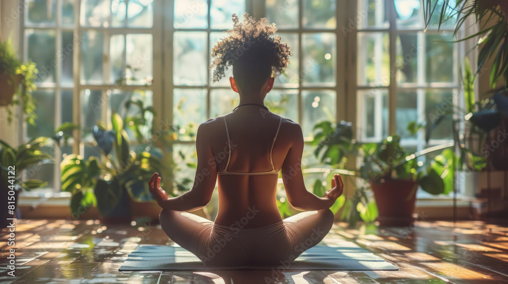 One girl is sitting on mat in lotus position. Yoga class. Serene Morning Meditation by Window. Tranquil place of meditation captures woman in contemplation with morning sun, nature outside window. One girl is sitting on mat in lotus position. Yoga class. Serene Morning Meditation by Window. Tranquil place of meditation captures woman in contemplation with morning sun, nature outside window.