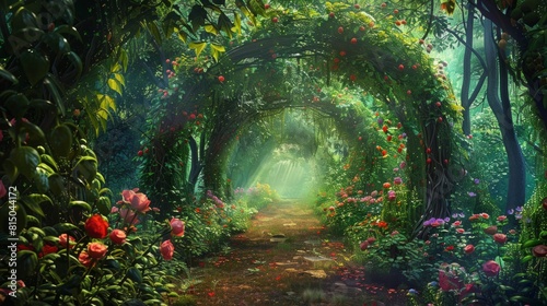 Enchanted fairytale garden  secret pathways under flower arches  vibrant greenery  a digital backdrop of magical beauty  AI Generative hyper realistic 