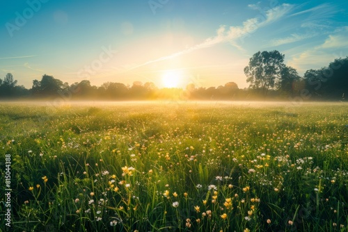 Sunrise over the meadow, a field of tall grass and wildflowers with mist rising from it The sun is just above the horizon in a blue sky, casting long shadows on the ground, with trees Generative AI
