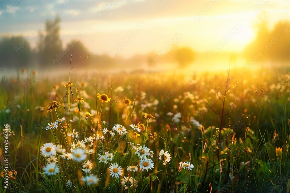 Sunrise over the meadow, misty morning light, vibrant colors of nature, wildflowers in bloom, serene landscape, golden hour lighting, tranquil atmosphere Generative AI