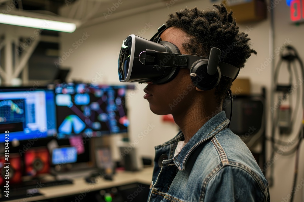 Young Adult Engages with Advanced Virtual Reality Tech in a Futuristic Lab Young Adult Engages with Advanced Virtual Reality Tech in a Futuristic Lab