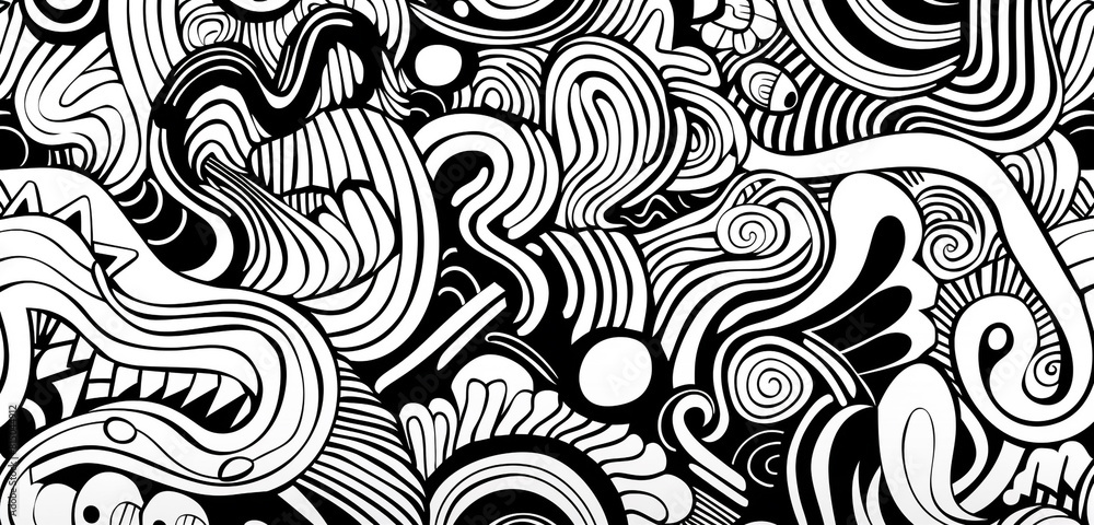 Fototapeta premium Black and white seamless background with continuous line doodle of sports scenes.