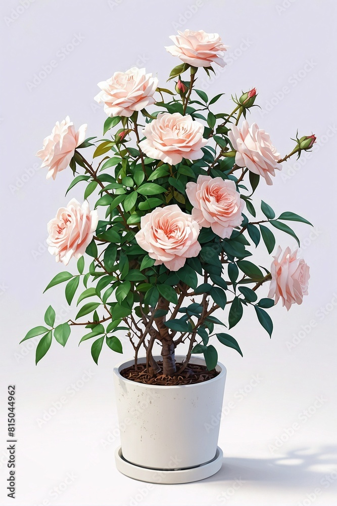 a potted rose plant on a white surface