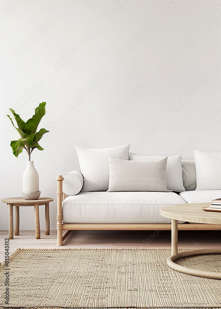 A white couch sits in front of a white wall. Vertical shot A white couch sits in front of a white wall. Vertical shot